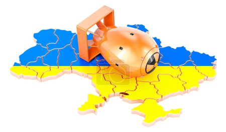 Foto de Bomba atómica en el mapa ucraniano. Representación 3D aislada sobre fondo blanco - Imagen libre de derechos