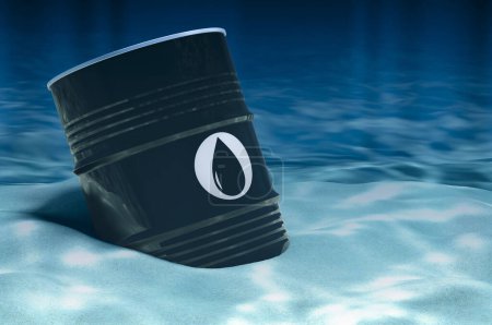 Téléchargez les photos : Baril de pétrole au fond de l'océan sous-marin, rendu 3D - en image libre de droit