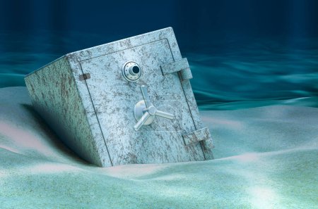 Téléchargez les photos : Coffre-fort au fond de l'océan sous l'eau. rendu 3D - en image libre de droit