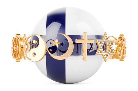 Photo for Finnish flag painted on sphere with religions symbols around, 3D rendering isolated on white background - Royalty Free Image
