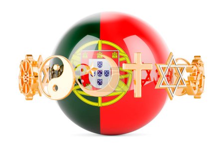 Photo for Portuguese flag painted on sphere with religions symbols around, 3D rendering isolated on white background - Royalty Free Image