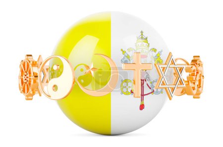 Photo for Vatican flag painted on sphere with religions symbols around, 3D rendering isolated on white background - Royalty Free Image
