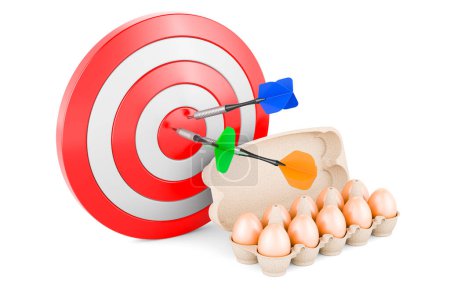 Eggs in an egg carton and target with arrows. 3D rendering isolated on white background