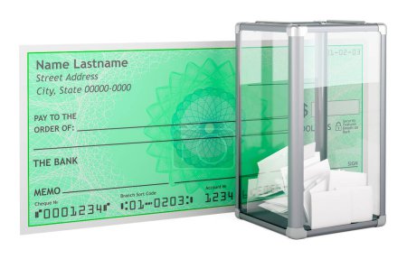 Foto de Elección urna con cheque bancario en blanco. Concepto de compra de votos. Representación 3D aislada sobre fondo blanco - Imagen libre de derechos