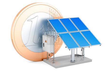 Foto de Panel solar con moneda de euro. Ahorro de concepto de consumo de energía, renderizado 3D aislado sobre fondo blanco - Imagen libre de derechos
