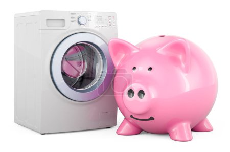 Waschmaschine mit Sparschwein, 3D-Rendering isoliert auf weißem Hintergrund