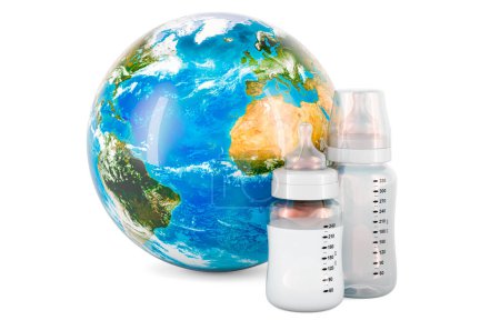 Photo for Baby bottles with Earth Globe, 3D rendering isolated on white background - Royalty Free Image