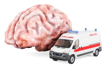 Téléchargez les photos : Cerveau avec ambulance van. rendu 3D isolé sur backgroun blanc - en image libre de droit