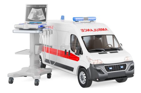 Téléchargez les photos : Machine diagnostique médicale d'ultrasons avec le van d'ambulance, rendu 3D isolé sur fond blanc - en image libre de droit