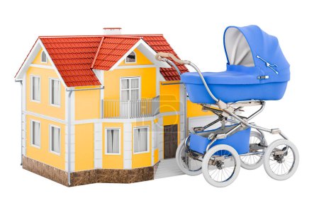 Photo for Baby stroller with home, 3D rendering isolated on white background - Royalty Free Image