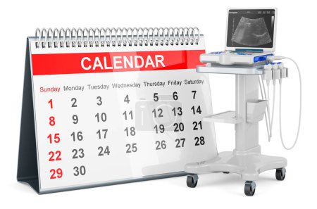 Téléchargez les photos : Desk calendar with Medical Ultrasound Diagnostic Machine, 3D rendering isolated on white background - en image libre de droit