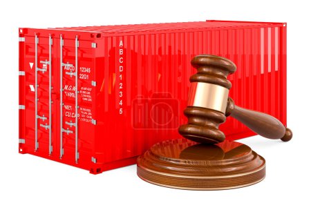 Cargo container with wooden gavel. 3D rendering isolated on white background