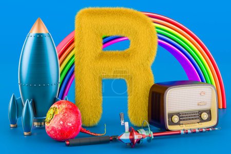 Photo for Kids ABC, fluffy letter R with rocket, rainbow, radio, fishing rod, radish. 3D rendering on blue backgroun - Royalty Free Image