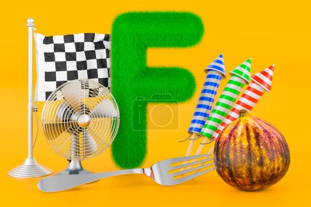 Téléchargez les photos : Lettre F moelleuse avec ventilateur, drapeau, feux d'artifice, fourchette, fig. Kids ABC, rendu 3D sur fond orange - en image libre de droit