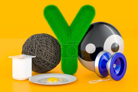 Photo for Fluffy letter Y with yo-yo, yogurt, yarn, yolk, yin yang. Kids ABC, 3D rendering on orange background - Royalty Free Image