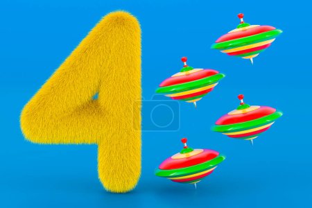 Photo for Fluffy number 4 with four whirligig tops, 3D rendering on blue background - Royalty Free Image