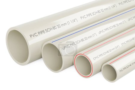 Foto de PVC pipes, composite pipe, uPVC pipe, cPVC pipe, 3D rendering isolated on white background - Imagen libre de derechos