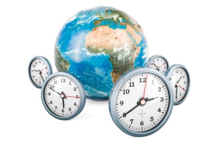 Téléchargez les photos : Globe de Terre avec horloges, rendu 3D isolé sur fond blanc - en image libre de droit