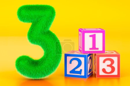 Kinder flauschige Zahl 3 mit drei Abc-Würfeln, 3D-Rendering auf orangefarbenem Hintergrund