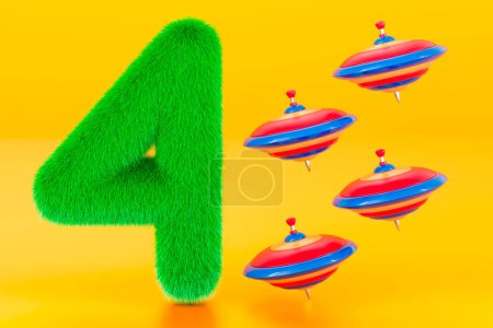 Photo for Kids fluffy number 4 with four whirligig tops, 3D rendering on orange background - Royalty Free Image