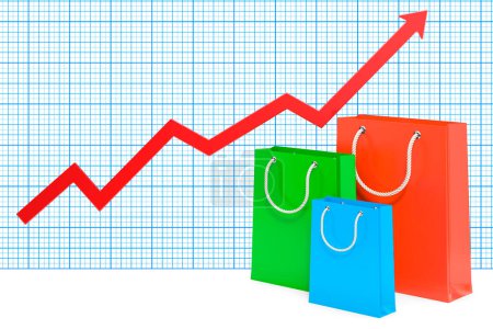 Shopping bags with growing chart. 3D rendering
