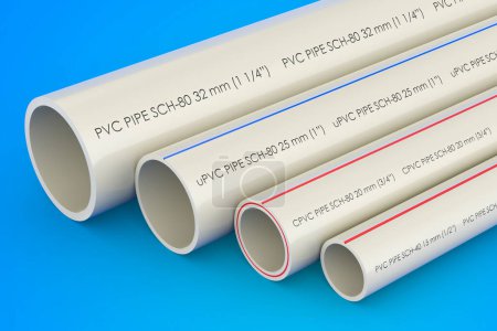 Foto de Tubos de PVC, tubo compuesto, tubería de uPVC, tubería de cPVC, renderizado 3D aislado sobre fondo azul - Imagen libre de derechos