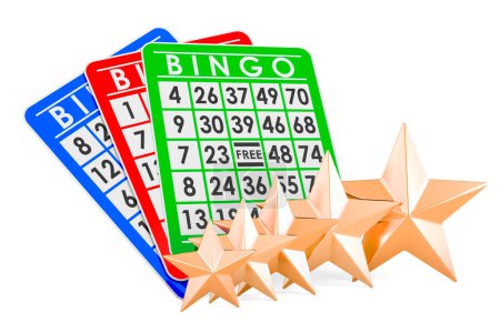 Bingo cards with five golden stars. Customer rating, 3D rendering isolated on white background