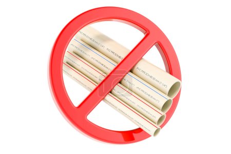 Foto de Tubos de PVC, tubería compuesta, tubería de uPVC, tubería de cPVC con símbolo prohibido, representación 3D aislada sobre fondo blanco - Imagen libre de derechos