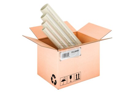 Photo for PVC pipes, composite pipe, uPVC pipe, cPVC pipe inside cardboard box, delivery concept. 3D rendering isolated on white background - Royalty Free Image