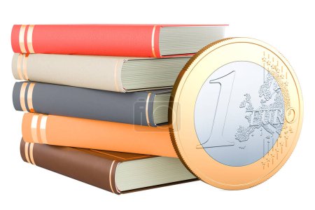 Téléchargez les photos : Pièce en euros avec livres, rendu 3D isolé sur fond blanc - en image libre de droit