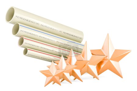 Foto de Tubos de PVC, tubo compuesto, tubo de uPVC, tubo de cPVC con cinco estrellas doradas. Valoración del cliente, representación 3D aislada sobre fondo blanco - Imagen libre de derechos