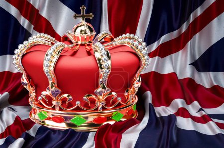 Royal golden crown with jewels on the United Kingdom flag background, 3D rendering