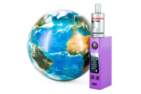 Téléchargez les photos : Box Mod e-cigarette avec globe terrestre, rendu 3D isolé sur fond blanc - en image libre de droit