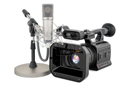 Téléchargez les photos : Caméra vidéo professionnelle avec microphone. rendu 3D isolé sur fond blanc - en image libre de droit