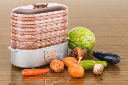 Foto de Deshidratador de alimentos con verduras en la mesa de madera. Renderizado 3D - Imagen libre de derechos