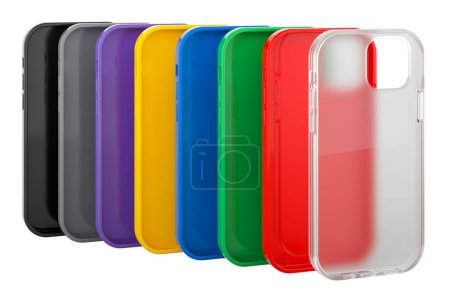 Foto de Casos de plástico Multicolor teléfono móvil. Representación 3D aislada sobre fondo blanco - Imagen libre de derechos