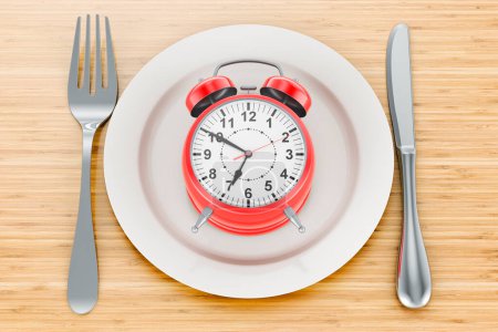 Photo for Dinner plate with alarm clock on wooden table, 3D rendering - Royalty Free Image