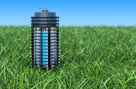 Photo for Lamp mosquito electric insect killer, lantern on the green grass against blue sky, 3D rendering - Royalty Free Image