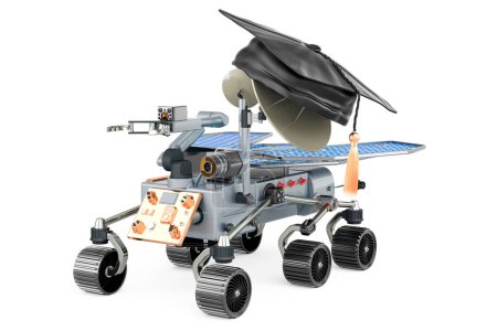 Téléchargez les photos : Rover planétaire avec chapeau éducatif, rendu 3D isolé sur fond blanc - en image libre de droit
