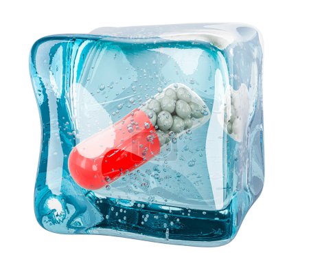 Téléchargez les photos : Capsules médicamenteuses congelées dans un glaçon, rendu 3D isolé sur fond blanc - en image libre de droit