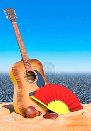 Téléchargez les photos : Concept de vacances espagnol. Guitare, ventilateur portable et castagnettes sur la plage espagnole, rendu 3d - en image libre de droit