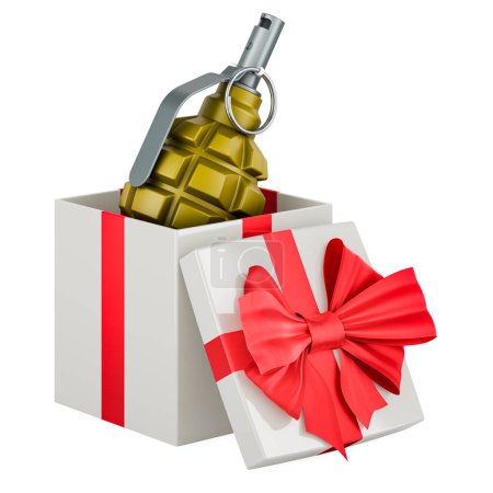 Photo for Hand grenade inside gift box, 3D rendering isolated on white background - Royalty Free Image