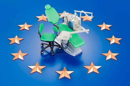 Photo for Dental chair on flag of the EU. Dentistry in the European Union concept, 3D rendering - Royalty Free Image