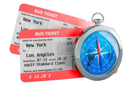 Foto de Billetes de autobús con brújula, representación 3D aislada sobre fondo blanco - Imagen libre de derechos