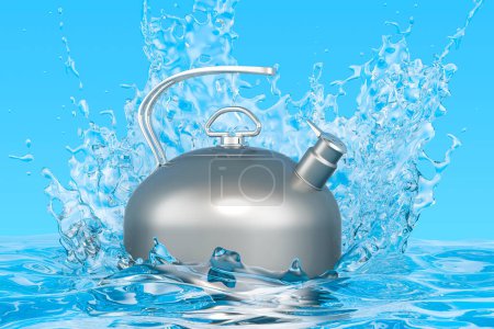Foto de Hervidor metálico grande con salpicaduras de agua transparentes, renderizado 3D - Imagen libre de derechos