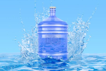 Foto de Agua transparente embotellada con salpicaduras de agua transparentes, representación 3D - Imagen libre de derechos