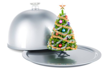 Téléchargez les photos : Restaurant cloche avec sapin de Noël. rendu 3D isolé sur fond blanc - en image libre de droit