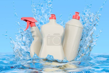 Foto de Detergente, productos de limpieza con salpicaduras de agua transparentes, renderizado 3D - Imagen libre de derechos