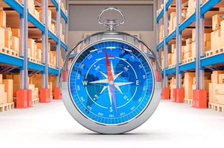 Photo for Compass in warehouse. Shipping and logistic concept. 3D rendering - Royalty Free Image