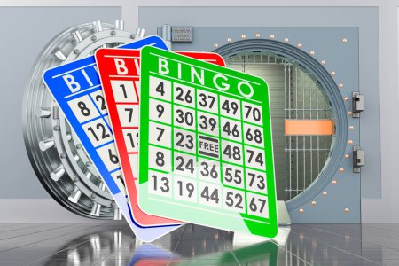 Foto de Tarjetas de bingo con bóveda bancaria abierta, renderizado 3D - Imagen libre de derechos